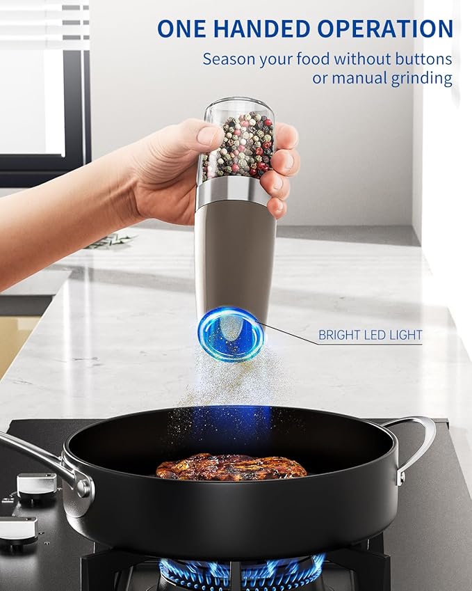 CIRCLE JOY Gravity Electric Salt and Pepper Grinder Set Automatic Salt and Pepper Grinder Set with LED Light, Battery Operated, Adjustable Coarseness, Large Capacity, for Home Kitchen BBQ, Brown