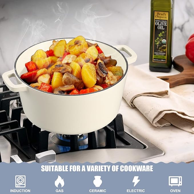 5Qt Dutch Oven, 2-In-1 Enamel Cast Iron Dutch Oven Pot with Skillet Lid, Heavy Duty Oven Safe Cookware for Sourdough Bread Baking Braising, Roasting Stewing Frying Simmering, Multi Stoves, Easy Clean (White)