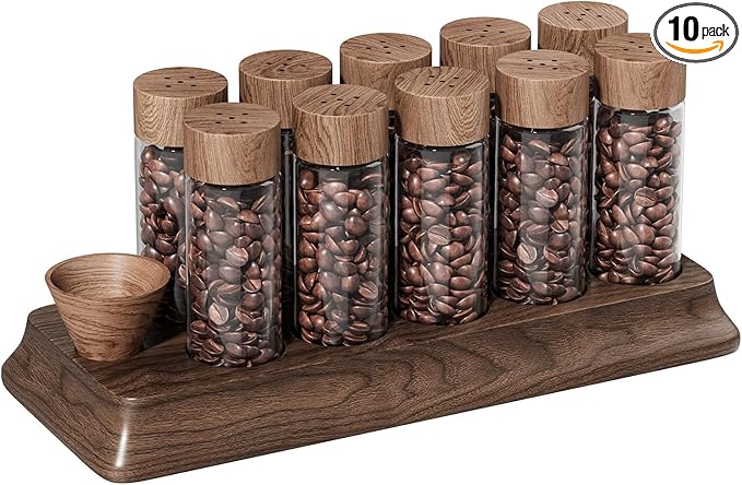 Single Dose Coffee Bean Storage Tubes Coffee Storage Container with One-Way Exhaust Valve,Coffee Bean Cellar 10 Pcs Dosing Glass Vials (2 Oz) Walnut Wood Stand Funnel And Lids
