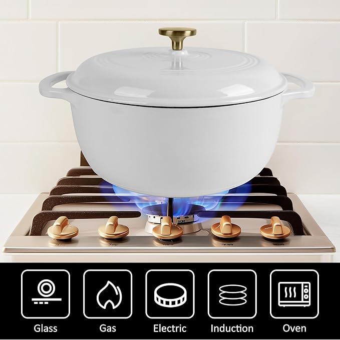 5.5 Quart Enameled Cast Iron Dutch Oven with Lid – Heavy-Duty Cookware for Bread, Braising, and Stews – Dual Handles, Oven Safe to 500°F – Ideal for Stovetop & Oven Cooking (White, 5.5QT)
