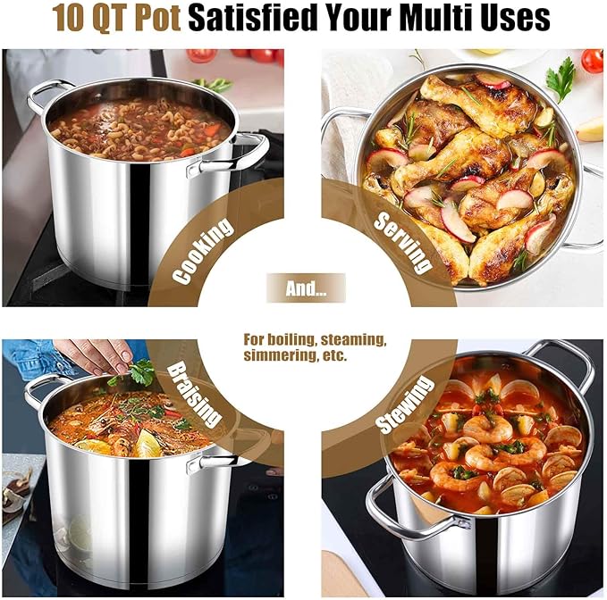P&P CHEF 10 Quarts Cooking Stock Pot with Lid, Stainless Steel Stockpot Induction Pot for Soup, Tri-Ply Bottom & Clear Glass Lid & Double Handle, Dishwasher Safe