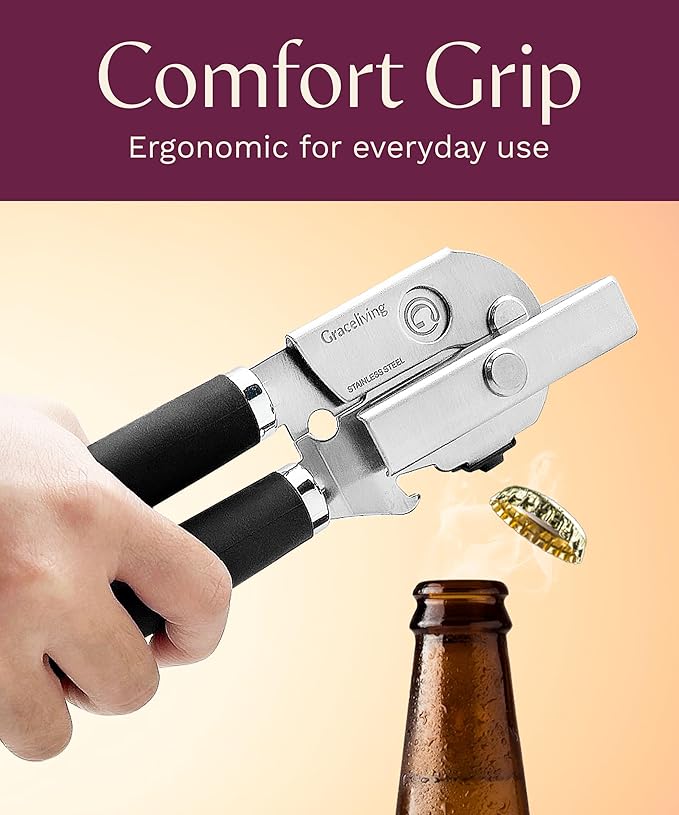 Premium Multifunctional Magnetic Manual Can Opener and Bottle Opener, Heavy Duty Stainless Steel Sharp Cutting Blade and Oversized Easy Turn Knob, Soft-Touch Handle, Kitchen Use, Black
