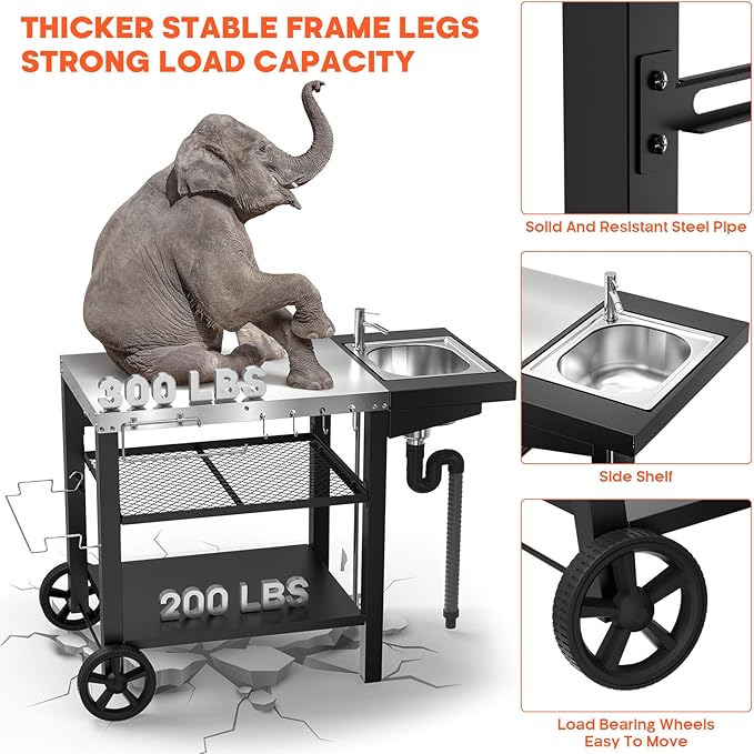 Outdoor Grill Table with Sink, Pizza Oven Cart with Drawer & Wheels, Movable 3 Shelf Food Prep Table for Ninja Woodfire, Blackstone Griddle Stand, Ooni Pizza Oven, Cuisinart, Cooking Station