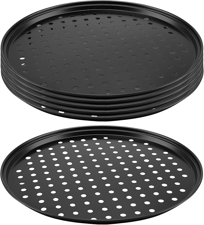 MANCHAP 6 Pack 12.5 Inch Black Pizza Pan with Holes, 32cm Perforated Carbon Steel Pizza Baking Pan, Round Nonstick Pizza Tray for Baking, Kitchen