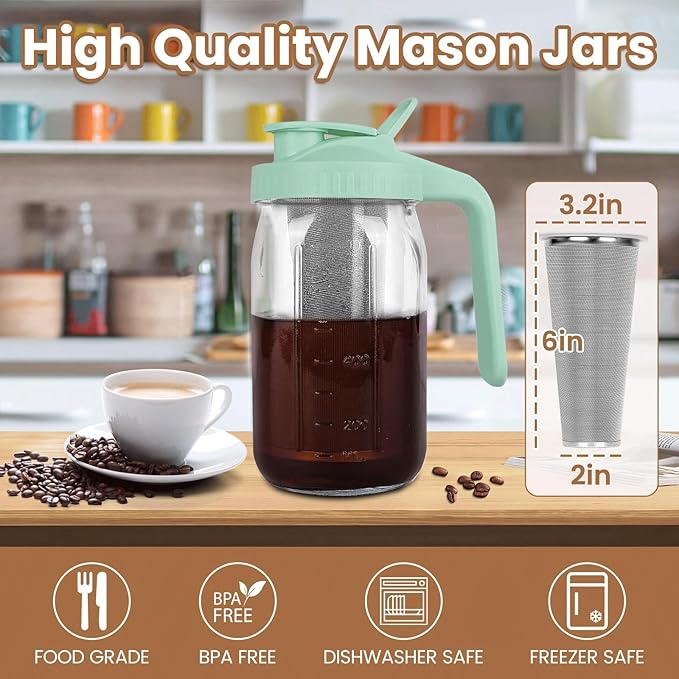 Cold Brew Coffee Maker,32 oz Mason Jar Pitcher with Stainless Steel Filter, Pour Spout Handle Lid, Heavy Duty Glass Airtight & Leak-Proof Pitcher for iced coffee Tea Breastmilk Lemonade-Green
