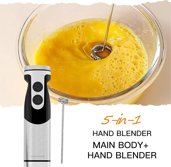 MegaWise Pro Titanium Reinforced 5-in-1 Immersion Hand Blender, Powerful Motor with 80% Sharper Blades, 12-Speed Corded Blender, Including 500ml Chopper, 600ml Beaker, Whisk and Milk Frother (Black)