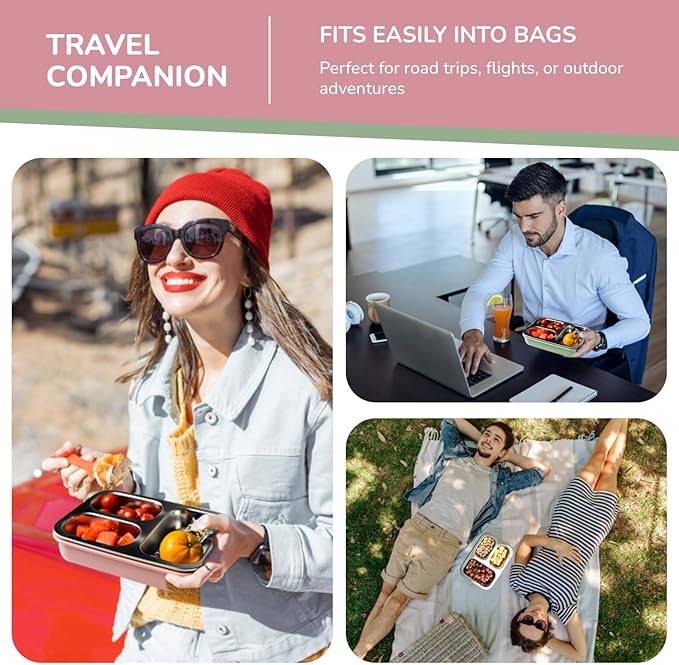 3 Compartment Stainless Steel Large Bento Box, 40oz Meal Prep Container with Reusable Snack Container, Large Lunch Box for Adults with Lids, Green Lunchbox