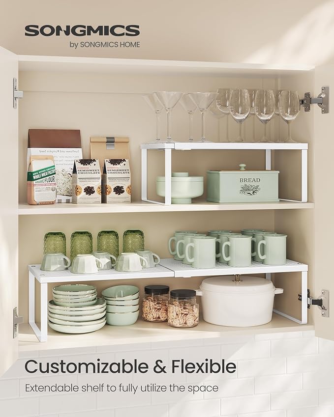 SONGMICS Spice Rack, Expandable Kitchen Countertop Shelf, Small Cupboard Organizer, Metal, Space-Saving Tabletop Shelf, Matte White UKCS007W01