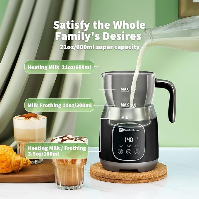 Maestri House Milk Frother, Variable Temp and Froth Thickness DualFro 600 Milk Frother Steamer, 21OZ Smart Touch Control Milk Warmer, Dishwasher Safe, Memory Function for Latte&Hot Chocolate (Black)