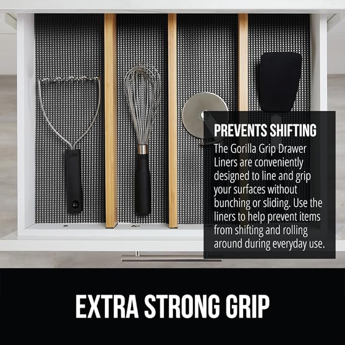 GORILLA GRIP powerGRIP Drawer Shelf and Cabinet Liner, Thick Strong Hold, Non-Adhesive Liners Protect Kitchen Cabinets and Cupboard, Bathroom Drawers, Easy Install, Breathable Mat, 17.5" x20' Charcoal