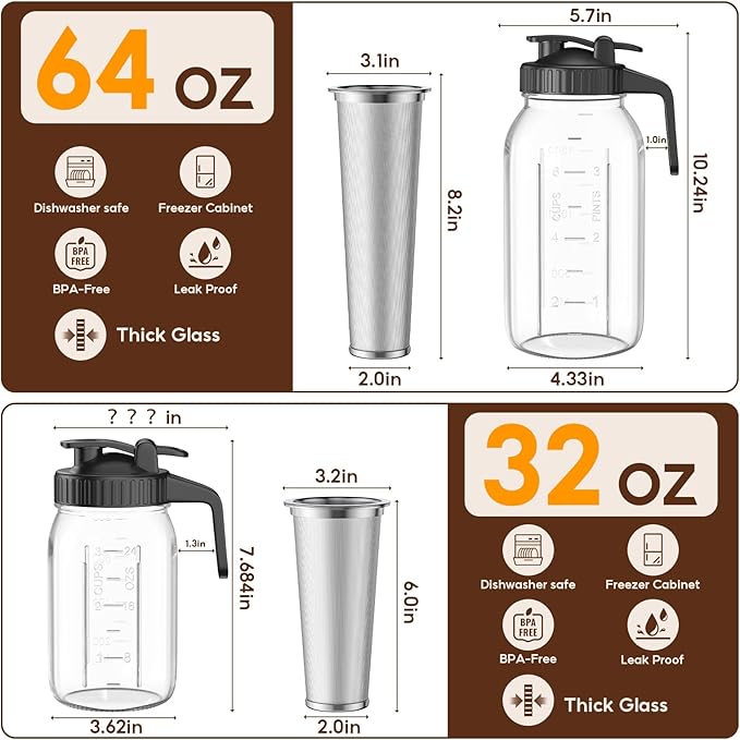 Cold Brew Coffee Maker Jar - 2 Pack 64 oz/32 oz Glass Cold Brew Maker with Handle, Stainless Steel Filter & Leak-Proof Lid, Heavy Duty Cold Brew Pitcher for Iced Coffee, Sun Tea, and Milk