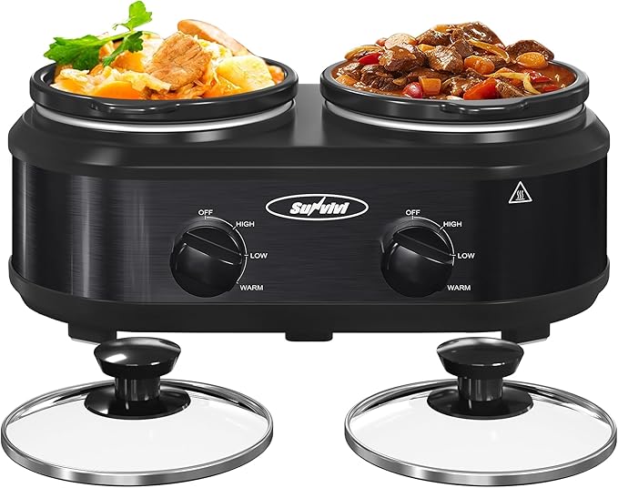 2 * 1.25 Quarts Dual Slow Cooker, Buffet Server & Warmer with 2 Removable Ceramic Pots, 3 Adjustable Temp Settings & 2 Visible Glass Lids, Stainless Steel, Black