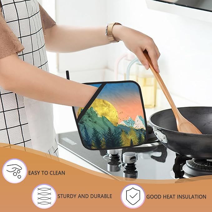 Mountains Sun Nature Scenery Pot Holders Set of 2 Heat Resistant Potholders,Fire Oven Hot Pads for Kitchen Cooking Baking Barbecue