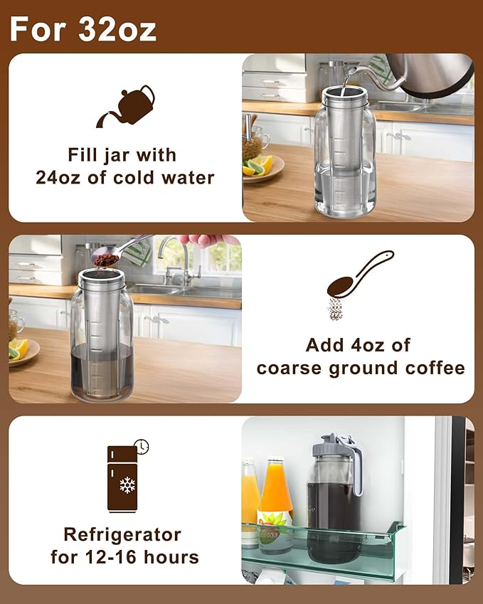 Cold Brew Coffee Filter for 32oz Wide Mouth Mason Jars, Fine Mesh, 304 Stainless Steel Strainer with Seal Ring, Reusable Cold Brew Filter for Iced Coffee Maker, Sun Tea and More