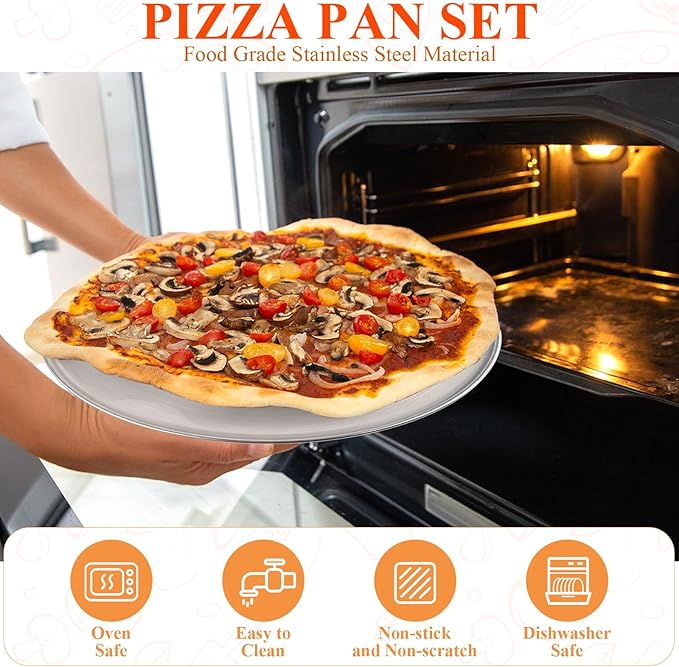 8Pcs 12 Inch Pizza Pan, Stainless Steel Pizza Serving Tray with 4pcs Pizza Spatula, Round Non-Stick Coating Pizza Plate for Baking Cake Pie Serving Tableware Kitchen Home Restaurant