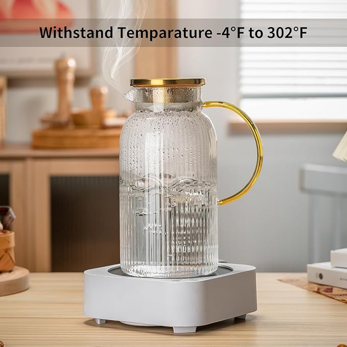2 PACK Glass Pitcher with Lid, 84oz/2.5L Liter Classic Vertical Stripes Water Pitcher,Glass Water Carafe for Cold Brew, Coffee, Lemonade, Iced Tea,Sun Tea, Beverage, Heat Resistant