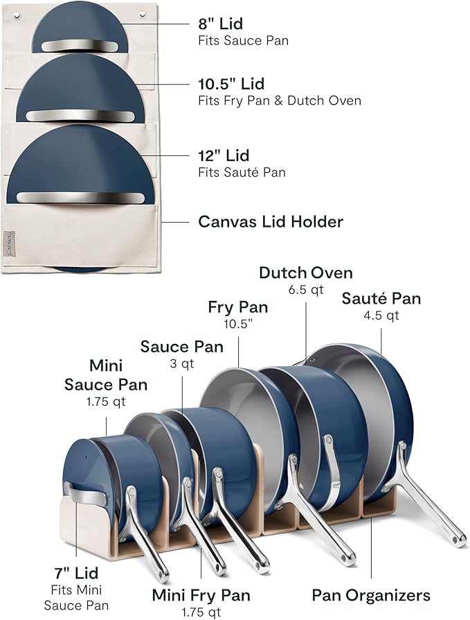 Caraway Deluxe Nonstick Ceramic Cookware Set (16 Piece) Pots, Frying Pans, Lids and Kitchen Storage - PFAS & PFOA Free - Oven Safe Ceramic Pan Set & Compatible with All Stovetops - Navy