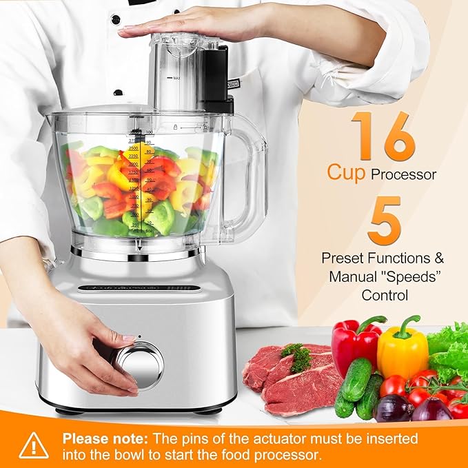 Homtone 16 Cup Food Processor, Aluminum-Diecast Large Food Processor& Blender Combo, 5 Preset Modes & Stepless Speed Control, 8 Blades 11-in-1 for Home Use, 650W, Sliver
