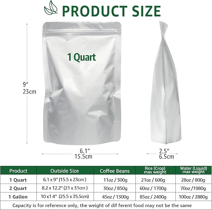 50pcs 1 Quart Mylar Bags for Food Storage 6x9 Stand Up Heat Sealable Foil Pouches, Resealable Smell Proof Freeze Dryer Bags for Long-Term Food Storage
