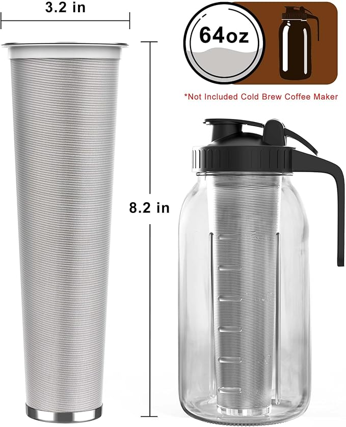 Cold Brew Coffee Filter for 64oz Wide Mouth Mason Jar Pitcher - Fine Mesh, Reusable 304 Stainless Steel Strainer with Sealing Ring, Cold Brew Strainer for Cold Brew Coffee Maker, Tea Infuser
