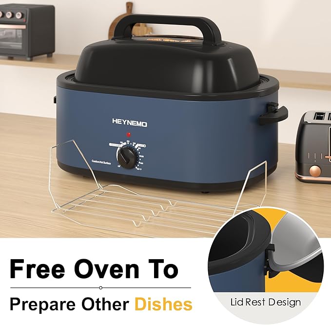 22 Quart Electric Turkey Roaster Oven with Removable Pan Large Stainless Steel Roaster, Visible & Self-basting Lid, Fast Heating & Thaw/warming Setting, Blue