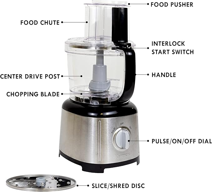 Kenmore 11 Cup Food Processor - Vegetable & Fruit Salad Cutter, Multifunctional, Chopper, Clicer, Mincer, Puree, Grater, Blades, Shredder, Compact Stainless Steel Kitchen Appliances, 500 W Black