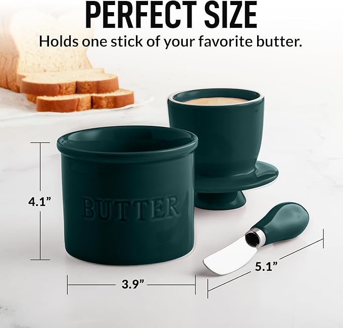 Zulay Kitchen Porcelain Butter Crock With Lid & Knife - Authentic French Butter Dish For Fresh & Spreadable Butter - Forest Green