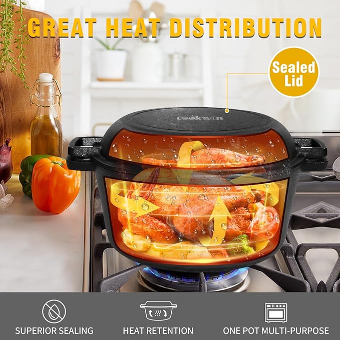 2-in-1 Dutch Oven,Cast Iron Dutch Ovens,Dutch Oven Pot,5.5 Quart Cast Iron Pots,Pre-Seasoned Dutch Oven with Pans Set,All-in-One Cookware Set for camping lodge or RV