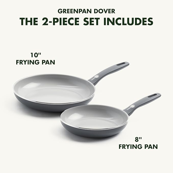 GreenPan Dover 8" and 10" Frying Pan Skillet Set, Healthy Ceramic Nonstick Coating, PFAS-Free, Dishwasher Safe, Comfort Grip Handle, Gray