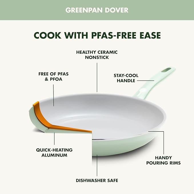 GreenPan Dover 8” & 10” 2 Piece Frying Pan Skillet Set, Non-Toxic PFAS-Free Ceramic Nonstick Coating, Sear Saute Fry Egg Omlete, Dishwasher & Oven Safe, Stay Cool Handle, Easy Pour Rims, Pastel Green