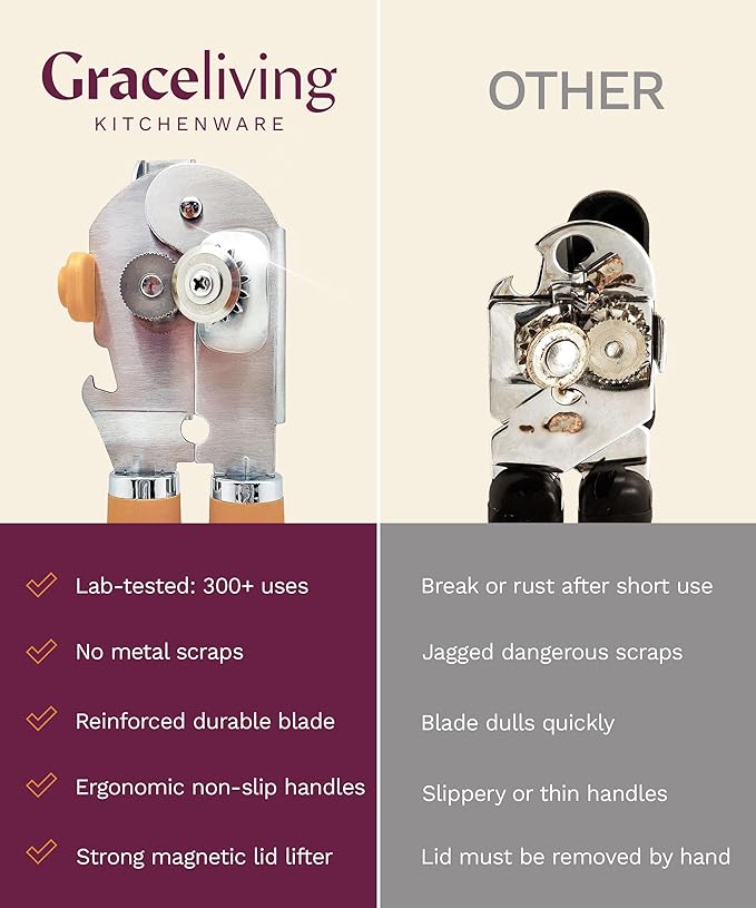 Premium Multifunctional Magnetic Manual Can Opener and Bottle Opener, Heavy Duty Stainless Steel Sharp Cutting Blade and Oversized Easy Turn Knob, Soft-Touch Handle, Kitchen Use, Orange