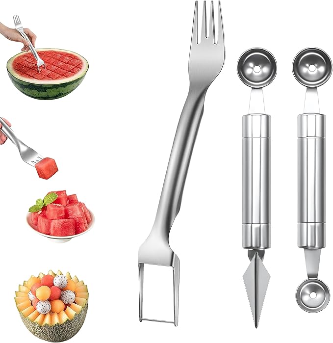 Watermelon Fork Slicer Cutter 2 in 1 & Melon Baller Scoop Set - Stainless Steel Fruits Cutter Kit, Fruit Carving Tools Watermelon Cube Cutter Slicer Tool for DIY Fruit Salads Melons Kitchen Gadget (3)