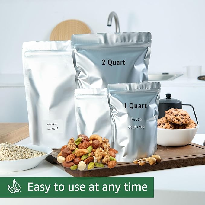 50pcs 1 Quart Mylar Bags for Food Storage 6x9 Stand Up Heat Sealable Foil Pouches, Resealable Smell Proof Freeze Dryer Bags for Long-Term Food Storage