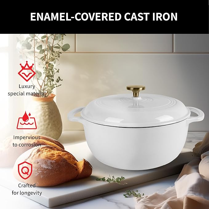 5.5 Quart Enameled Cast Iron Dutch Oven with Lid – Heavy-Duty Cookware for Bread, Braising, and Stews – Dual Handles, Oven Safe to 500°F – Ideal for Stovetop & Oven Cooking (White, 5.5QT)
