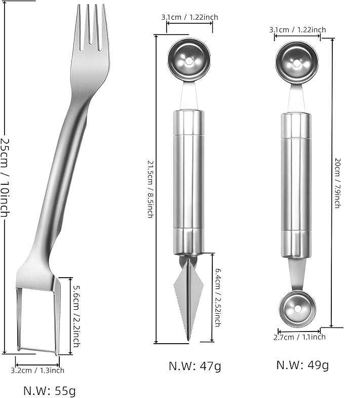 Watermelon Fork Slicer Cutter 2 in 1 & Melon Baller Scoop Set - Stainless Steel Fruits Cutter Kit, Fruit Carving Tools Watermelon Cube Cutter Slicer Tool for DIY Fruit Salads Melons Kitchen Gadget (3)