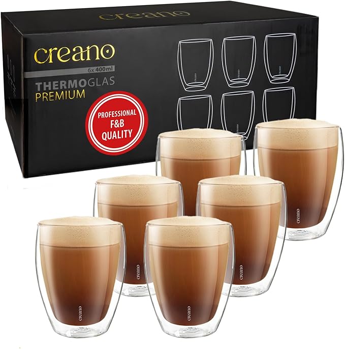 Creano Premium Double-Walled Drinking Glasses 12.5oz / 400 ml - Set of 6 - Professional Quality - 100% Dishwasher Safe