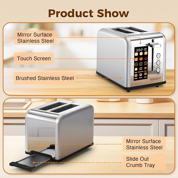 2 Slice Touch Screen Toaster, Stainless Steel Toaster with Wide Slots for Bagels and Bread, Reheat/Defrost/Cancel Functions, Removable Crumb Tray, Silver