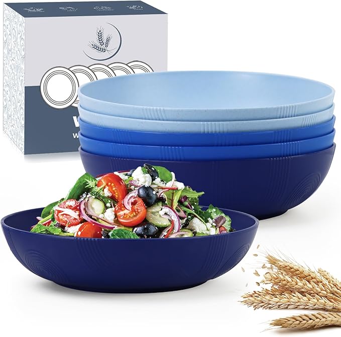 10inch Wheat Straw Big Bowls Set of 6 - Large Salad Bowls 65oz set of 6 - Unbreakable Serving Bowls Microwave & Dishwasher Safe for restaurant - Big Plastic Bowls for Cereal,Salad - Ocean Series