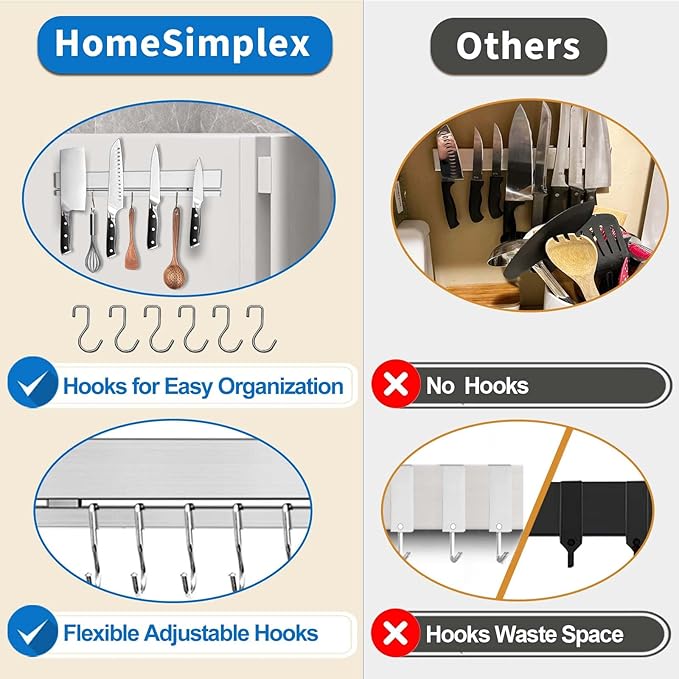 17 Inch Magnetic Knife Holder for Refrigerator with 12 Hooks - Double Sided Magnetic Knife Strip for Fridge - Premium Magnetic Knife Bar Rack - 304 Stainless Steel Kitchen Utensil Hanger