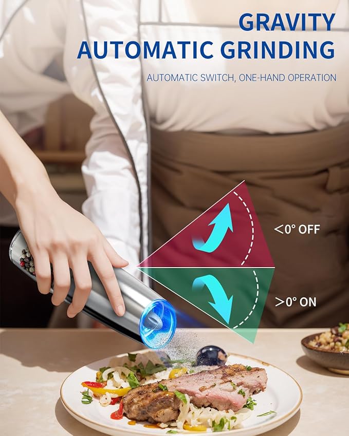 CIRCLE JOY Stainless Steel Graviry Electric Pepper Grinder Automatic Salt Grinder Pepper Griner Mill Electric, Battery Operated, LED Light, Adjustable Coarseness, for Home Kitchen BBQ, Silver