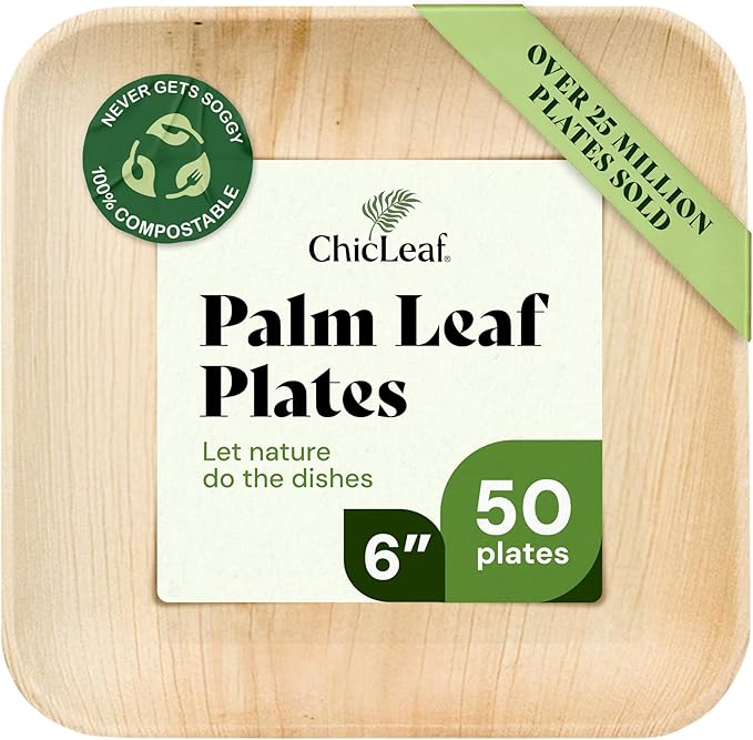 Chic Leaf Palm Leaf Compostable Plates - 6" Square, Pack of 50 - Disposable Dinnerware - Rustic Bamboo Appetizer Plates - Charcuterie Boards & Biodegradable Serviceware