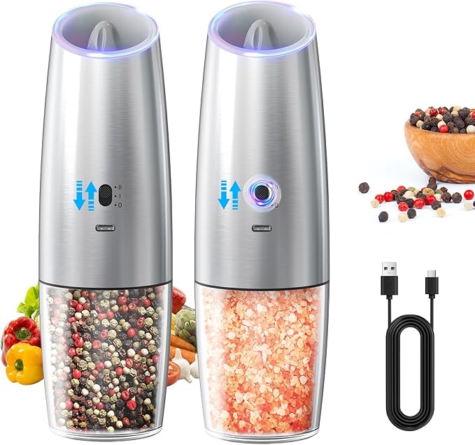 CIRCLE JOY Rechargeable Gravity Electric Salt and Pepper Grinder Set, Stainless Steels Salt and Pepper Mills with LED Light, No Battery Needed, Adjustable Coarseness, Washable 135ml Container, Silver