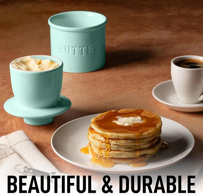 Zulay Kitchen Porcelain Butter Crock With Lid & Knife - Authentic French Butter Dish For Fresh & Spreadable Butter - Mint