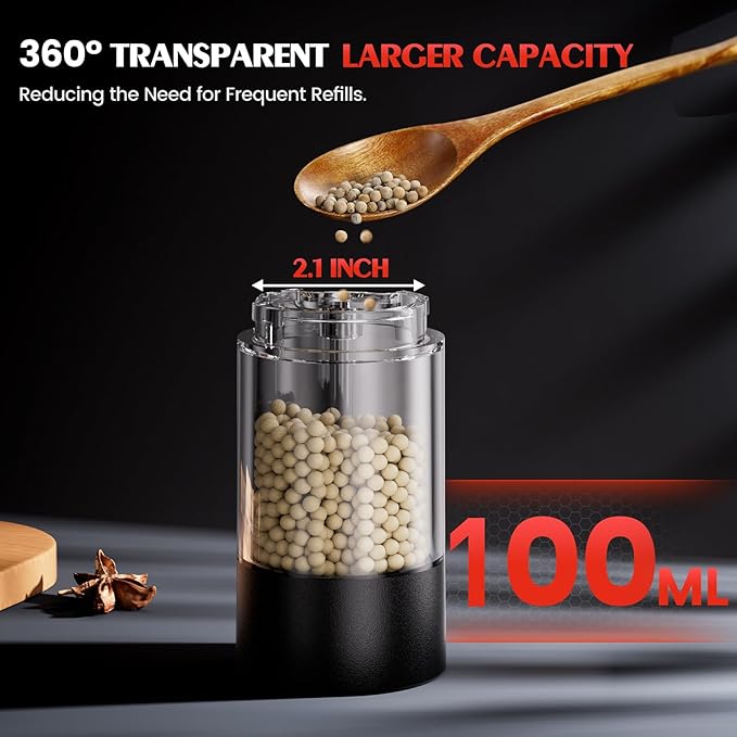 Electric Salt and Pepper Grinder Set Automatic Battery Pepper Mill Shakers Adjustable Coarseness Easy Filling Upgraded Larger Capacity with Led (1 Pack Black）