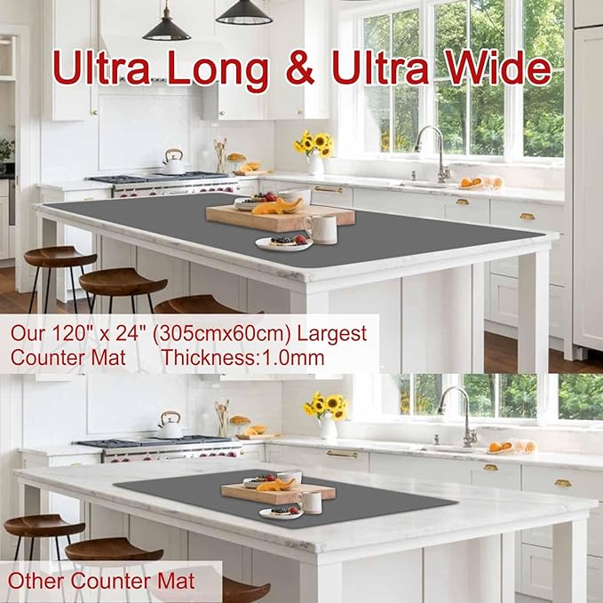 Largest Silicone Mats for Kitchen Counter, 120" x 24" Extra Large Heat Resistant Counter Mat, Kitchen Island Waterproof Thicken Non-Slip Countertop Protector Mat, Multipurpose Mat, Semitransparent