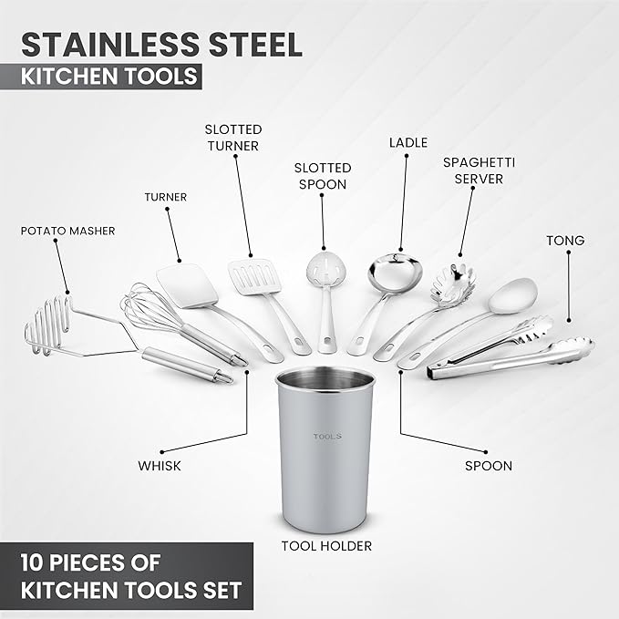 Avador® Premium Set of 10 Stainless Steel (GREY HOLDER) Kitchen Tool Set with Holder Easy To Clean, Space Saving, Great for Cooking, Baking, Prepping (GREY)