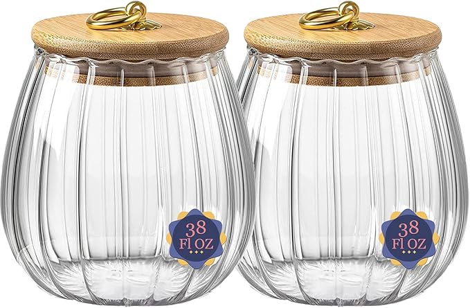 38 FL OZ Glass Jars with Bamboo Lids, Glass Containers with Airtight Lids for Storage, Large Candy Jars for Coffee Nuts Cookie, Decorative Glass Canister, 1130ml Oval & Oval