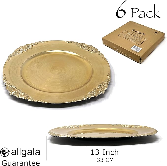 allgala Gold Charger Plates - Heavy Duty Plastic Charger for Dinner Plates - 6 Pack 13 Inch Charger Plates for Table Decor - Ideal for Weddings, Thanksgiving Parties & Holidays - Floral Gold