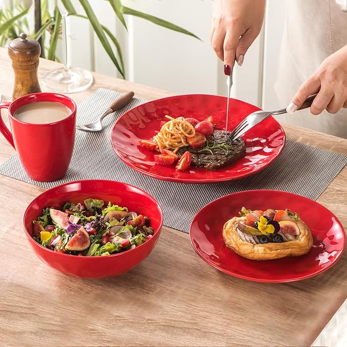 vicrays Ceramic Dessert Salad Plates, 8 Inch, Microwave, Oven, and Dishwasher Safe, Round, Porcelain Fluted Suitable for Snacks, Appetizer, Home, Party, Restaurant - Set of 6 Red