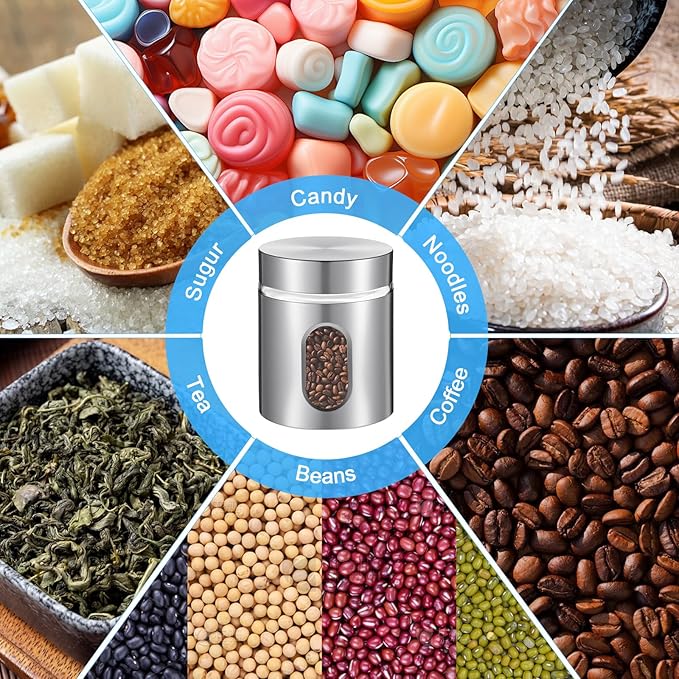 6 Pack Kitchen Canisters Set 20 oz Stainless Steel Canisters with Window Glass and Lids Airtight Coffee Sugar Tea Candy Storage Jars Food Storage Container for Flour Cookies Spices Grains